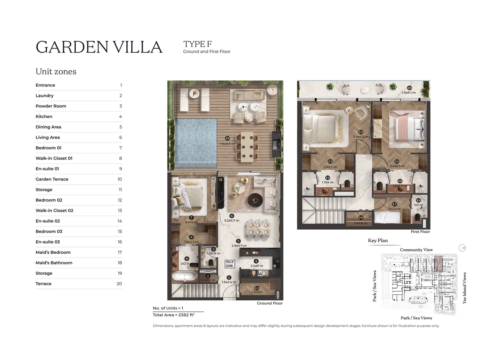 Stellar by ELIE SAAB 3-bedroom Type F villa floor plan for ground and first floors, 2,382 sq ft.