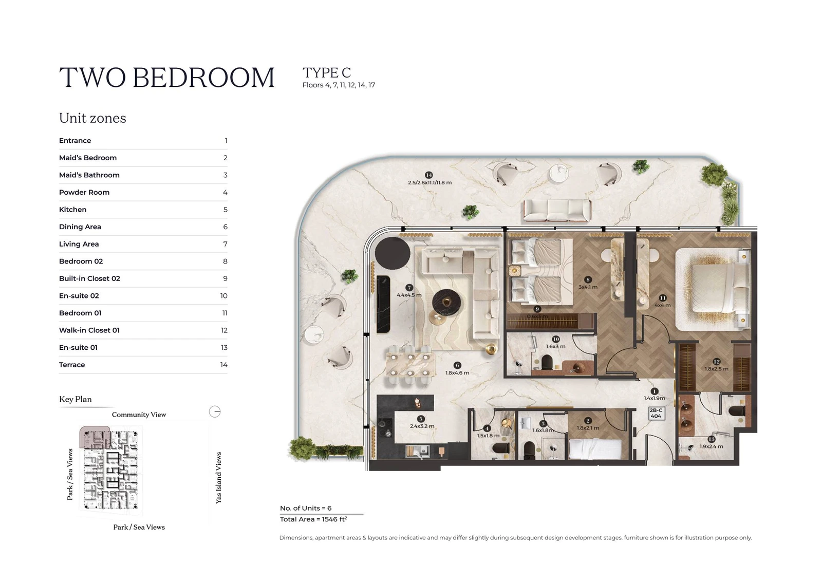 Stellar by ELIE SAAB 2-bedroom Type C apartment floor plan for typical floor 02, 1,546 sq ft.