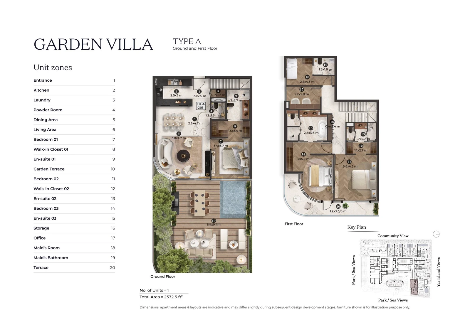 Stellar by ELIE SAAB 3-bedroom Type A villa floor plan for ground and first floors, 2,372.5 sq ft.
