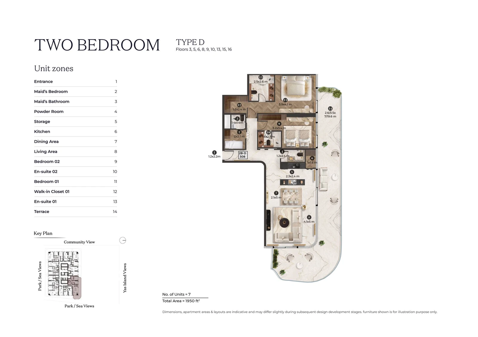 Stellar by ELIE SAAB 2-bedroom Type D apartment floor plan for typical floor 01, 1,950 sq ft.