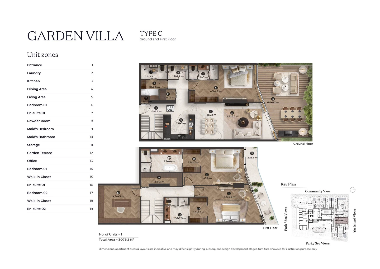 Stellar by ELIE SAAB 3-bedroom Type C villa floor plan for ground and first floors, 3,076.2 sq ft.