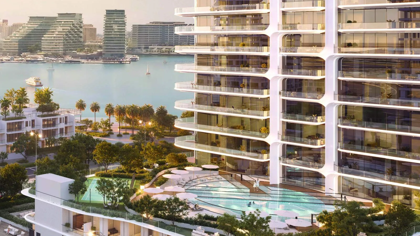 Stellar by ELIE SAAB tower, Garden Villas and pool deck beside the Yas Island waterfront.