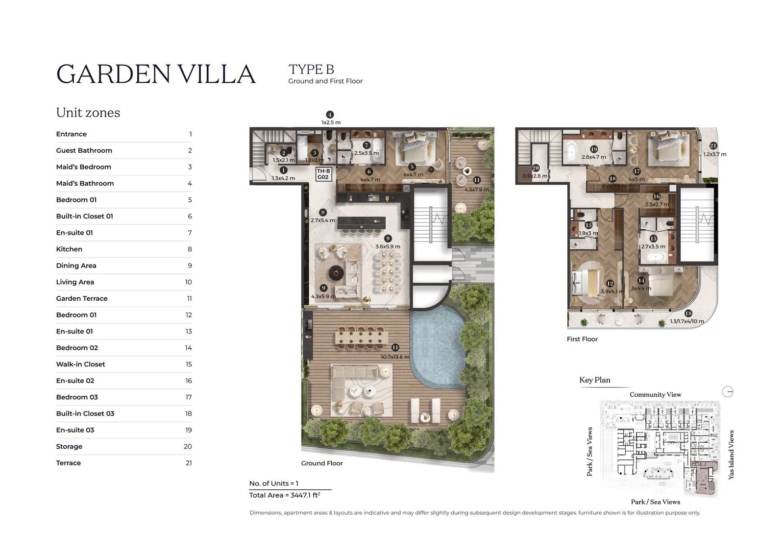 Stellar by ELIE SAAB 4-bedroom Type B villa floor plan for ground and first floors, 3,447.1 sq ft.