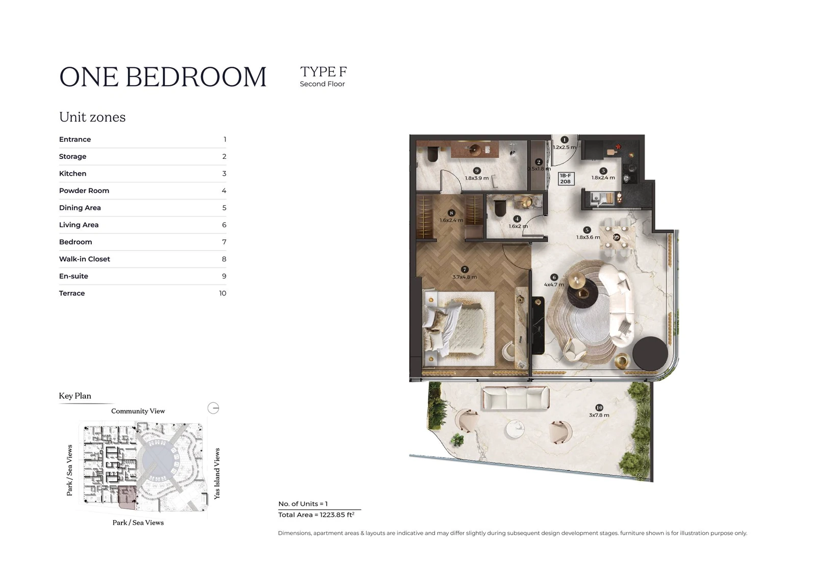 Stellar by ELIE SAAB 1-bedroom Type F apartment floor plan for second floor, 1,223.85 sq ft.