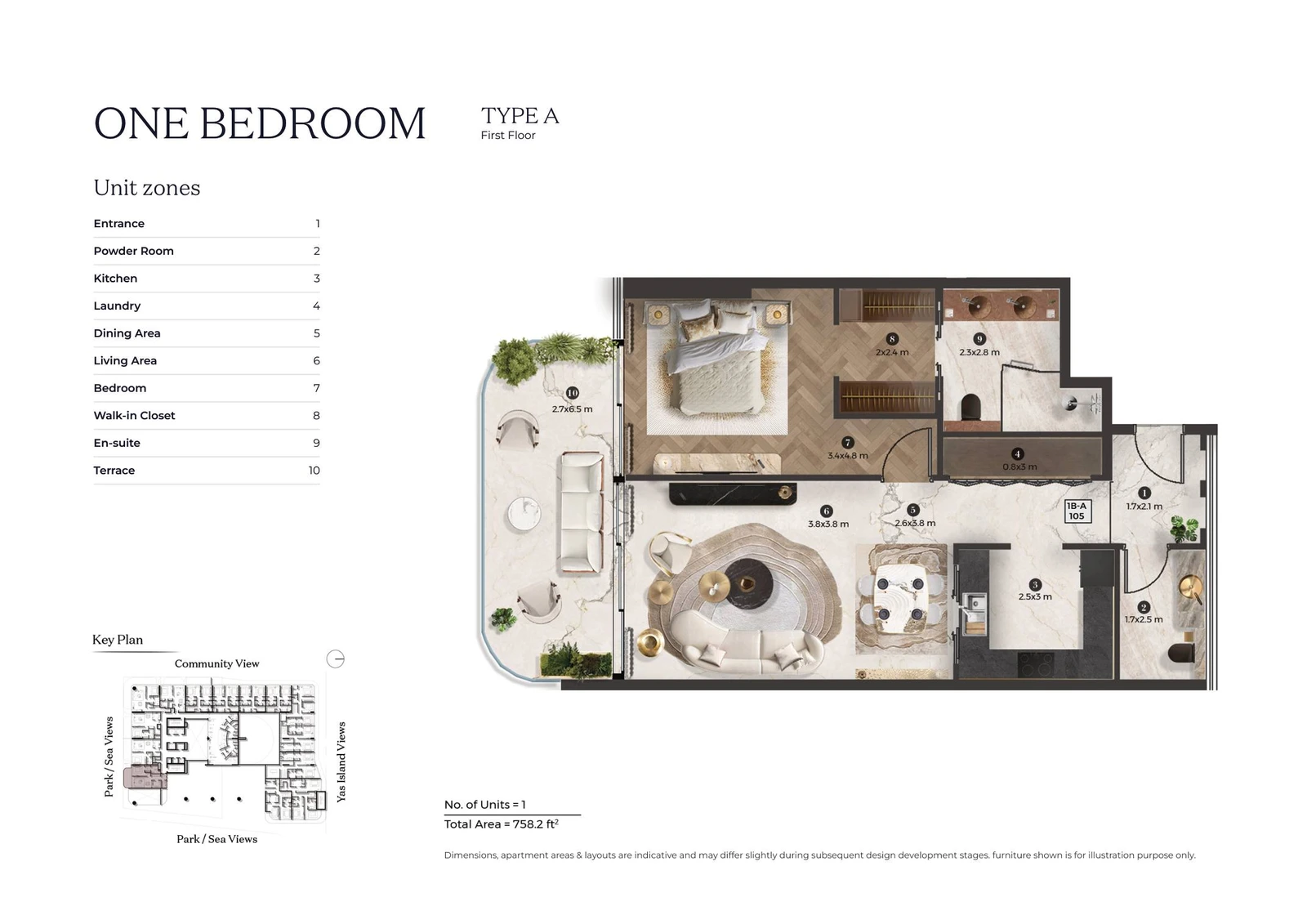 Stellar by ELIE SAAB 1-bedroom Type A apartment floor plan for first floor, 758.2 sq ft.