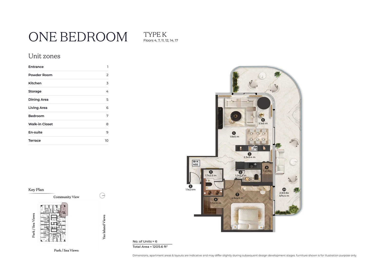 Stellar by ELIE SAAB 1-bedroom Type K apartment floor plan for typical floor 02, 1,205.6 sq ft.