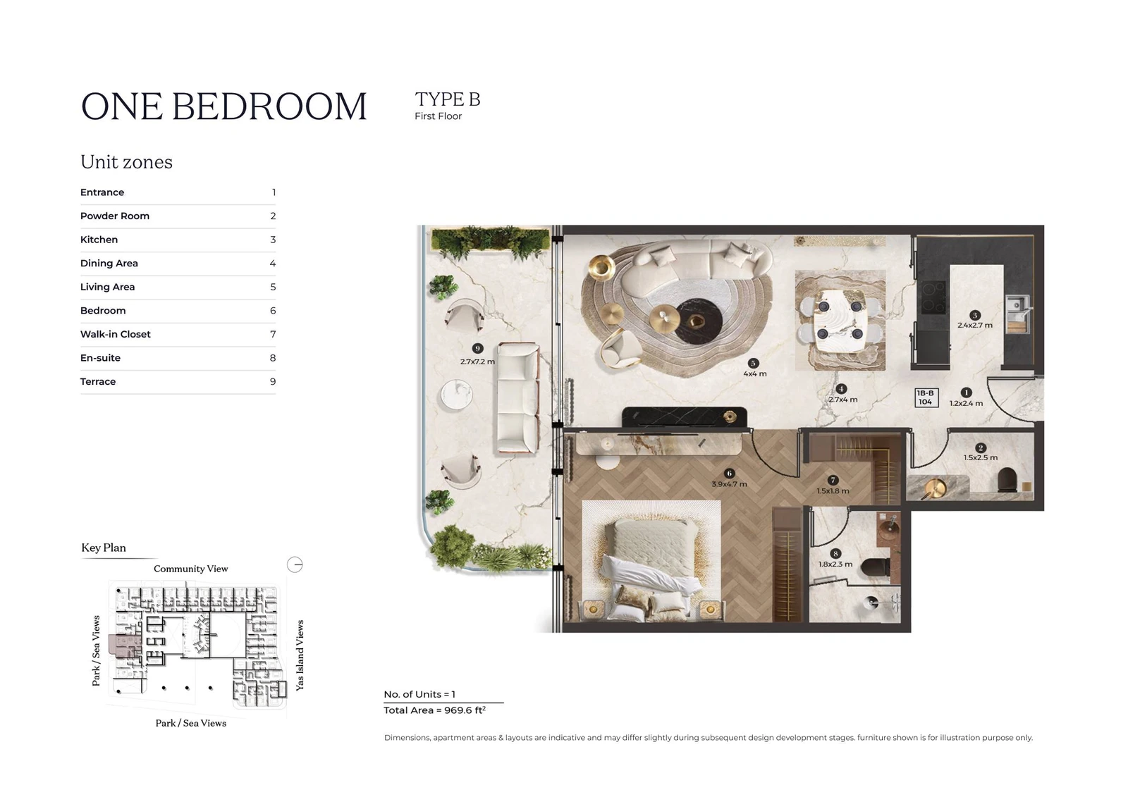 Stellar by ELIE SAAB 1-bedroom Type B apartment floor plan for first floor, 969.6 sq ft.