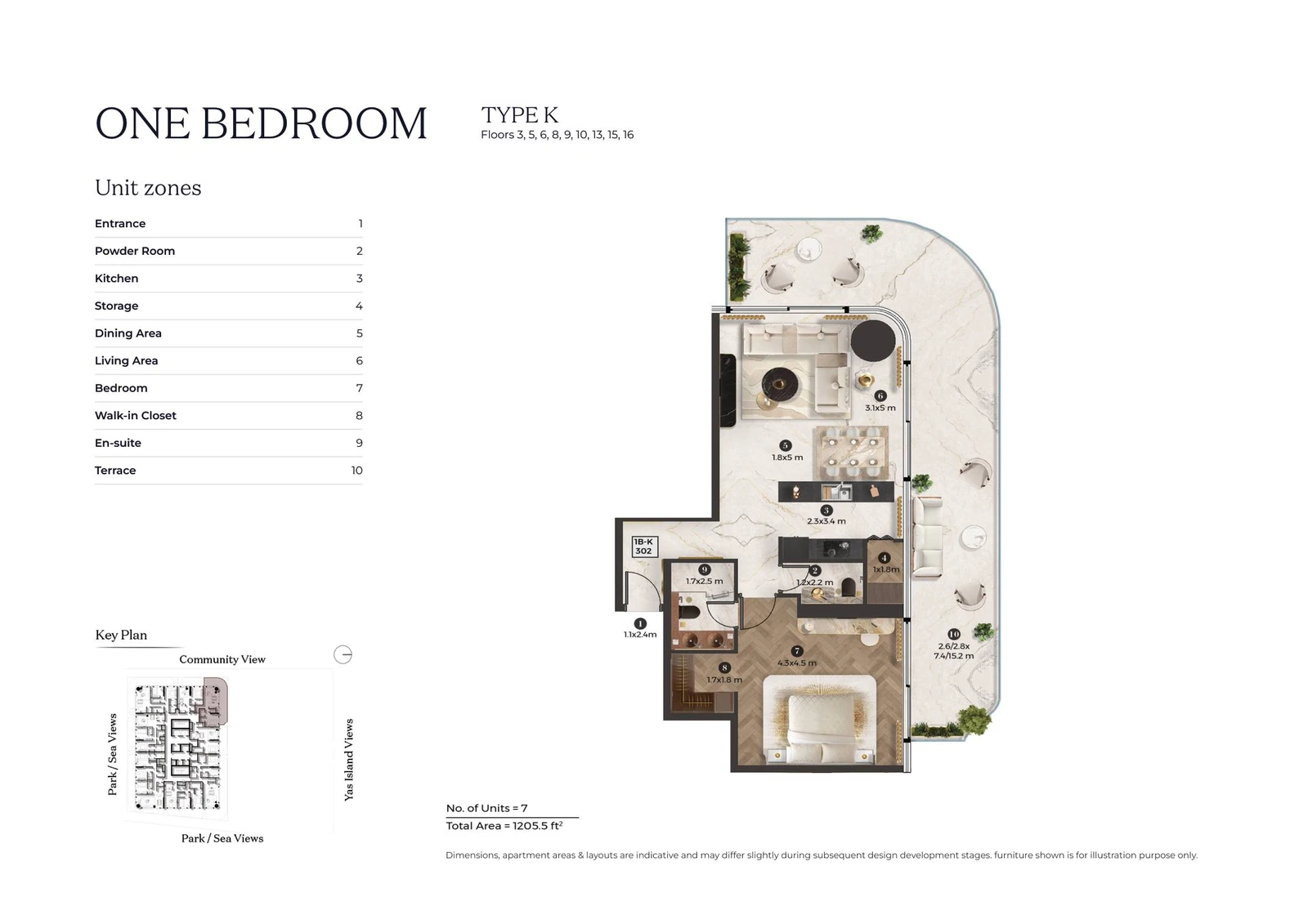 Stellar by ELIE SAAB 1-bedroom Type K apartment floor plan for typical floor 01, 1,205.5 sq ft.