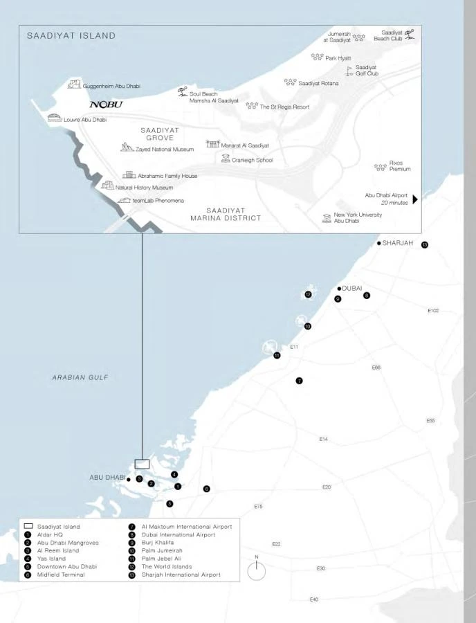 Saadiyat Island location map for Nobu Residences Abu Dhabi with the project marker and nearby cultural destinations.