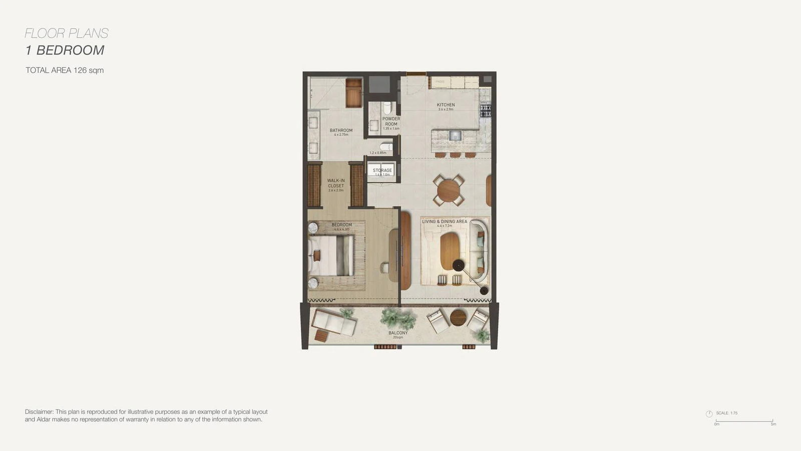 Nobu Residences Abu Dhabi 1-bedroom apartment floor plan in Residence Beach West, Typical Layout, 1,356.3 sq ft.