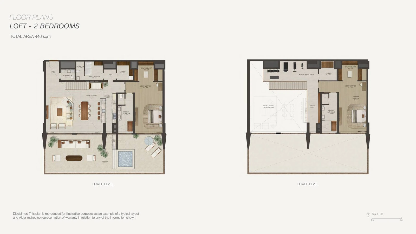 Nobu Residences Abu Dhabi 2-bedroom Loft apartment floor plan in Residence Beach West, Both Levels, 4,800.7 sq ft.