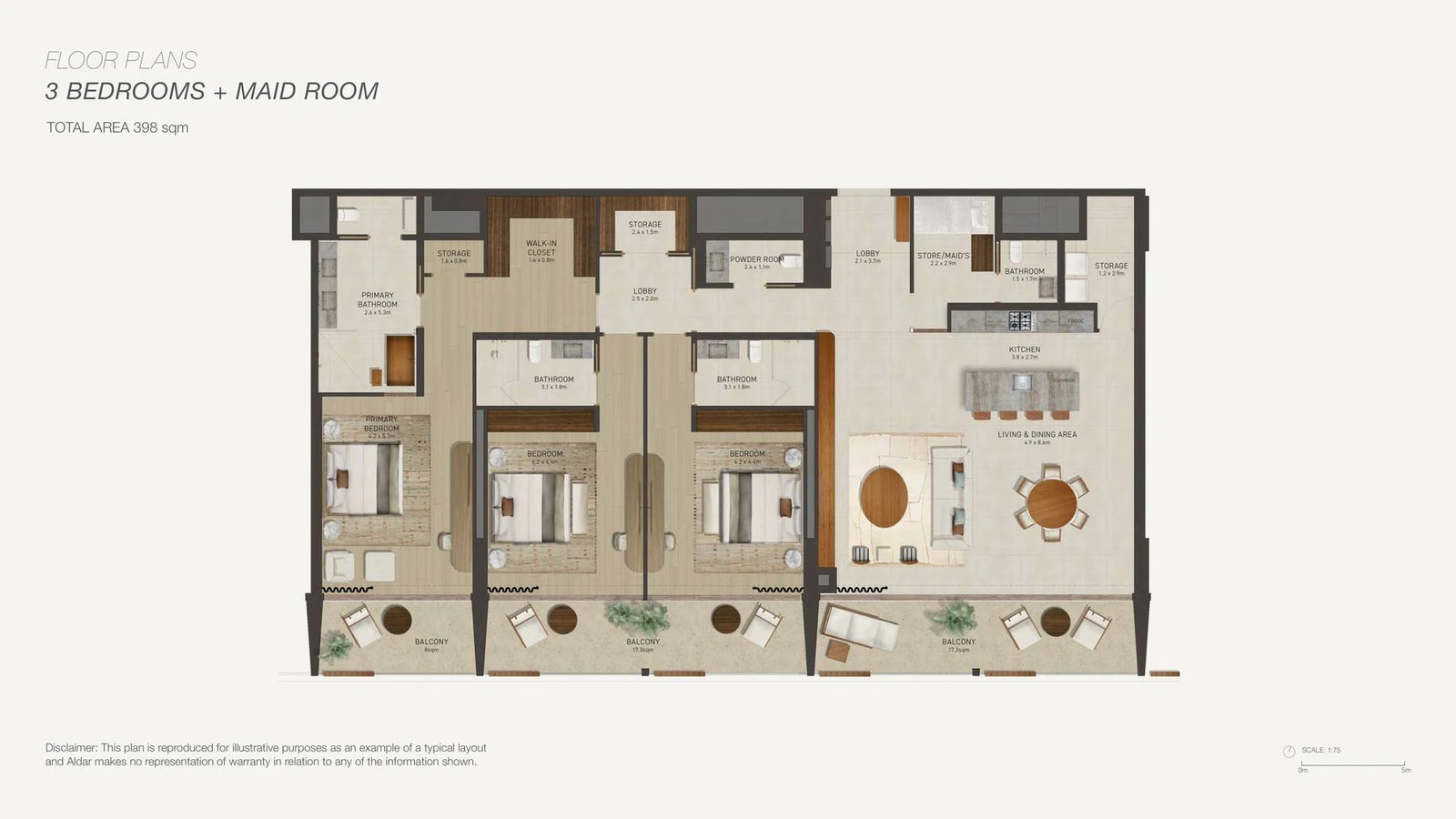 Nobu Residences Abu Dhabi 3-bedroom apartment floor plan in Residence Beach West, Typical Layout, 4,284 sq ft.