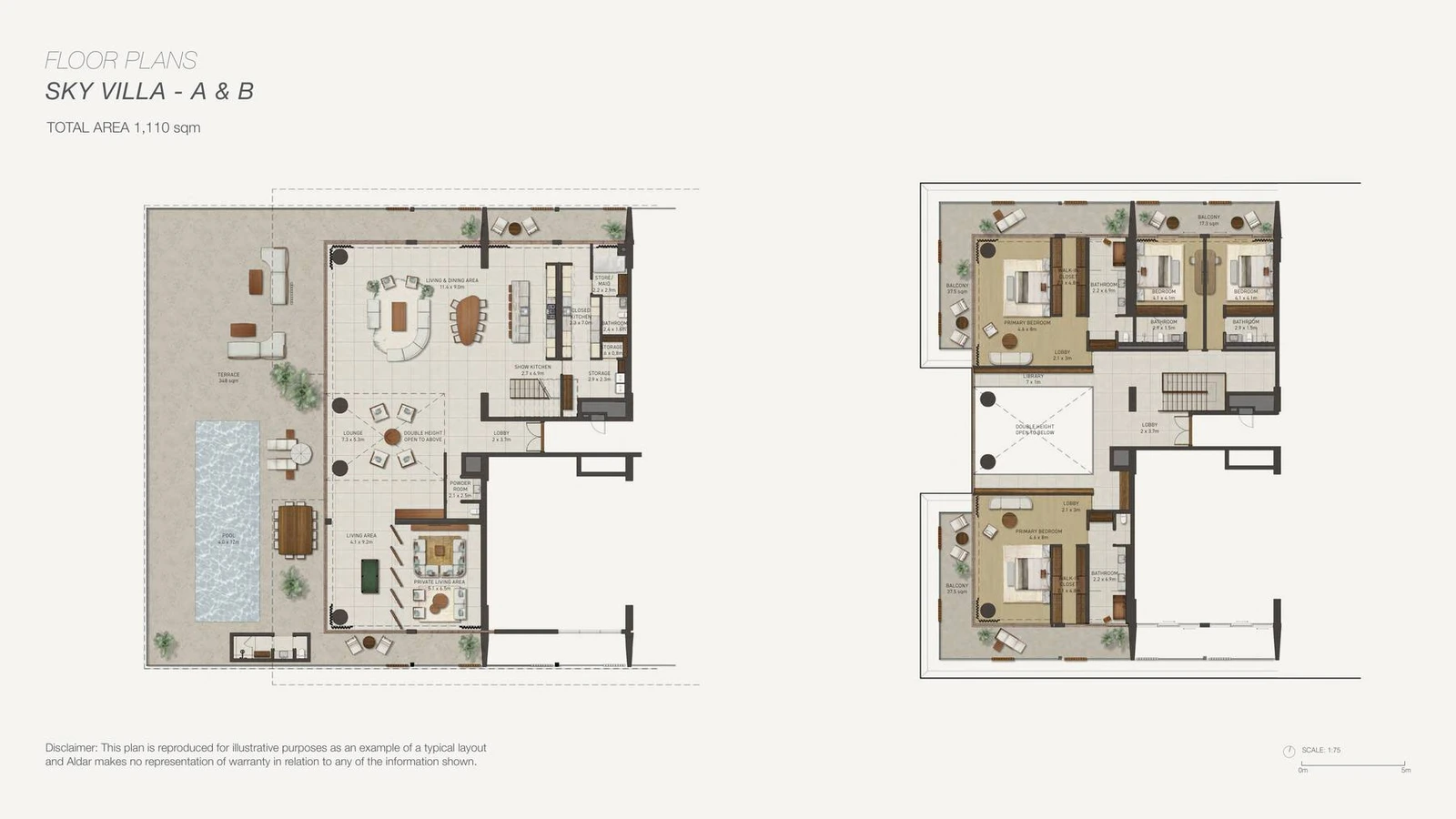 Nobu Residences Abu Dhabi 4-bedroom A & B sky villa floor plan in Residence Beach West, Both Levels, 11,947.9 sq ft.