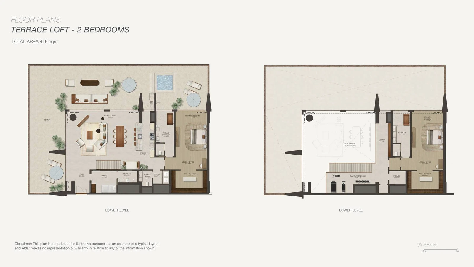 Nobu Residences Abu Dhabi 2-bedroom Terrace Loft apartment floor plan in Residence Beach West, Both Levels, 4,800.7 sq ft.