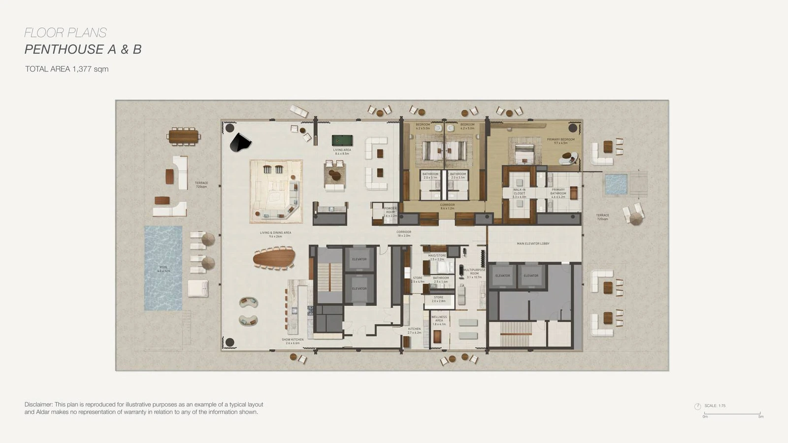 Nobu Residences Abu Dhabi 3-bedroom Penthouse A & B apartment floor plan in Residence Beach East, Typical Layout, 14,821.9 sq ft.