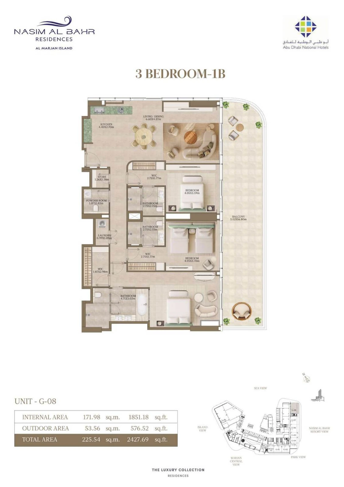 Nasim Al Bahr Residences 3-bedroom Representative Layout apartment floor plan, Typical Layout, 2,427.69 sq ft.