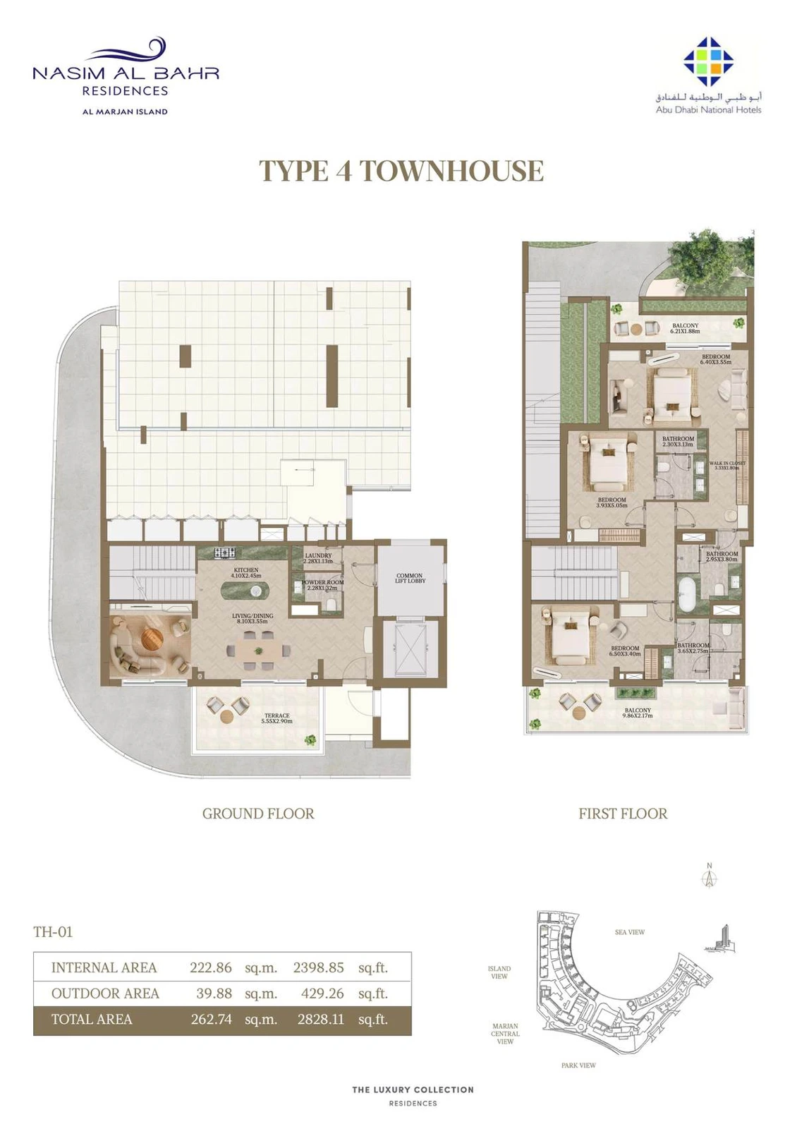 Nasim Al Bahr Residences 3-bedroom Type 4 townhouse floor plan, Ground and First Floors, 2,828.11 sq ft.