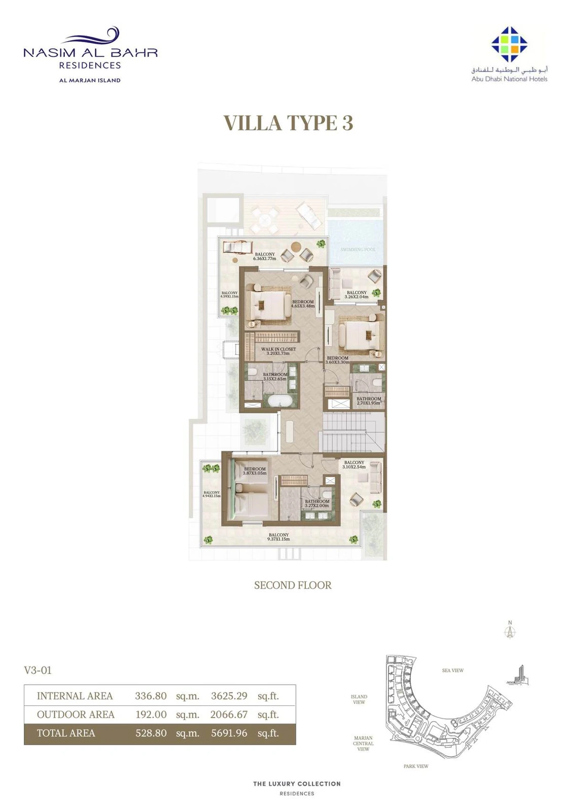 Nasim Al Bahr Residences 3-bedroom Type 3 villa floor plan, Second Floor, 5,691.96 sq ft.
