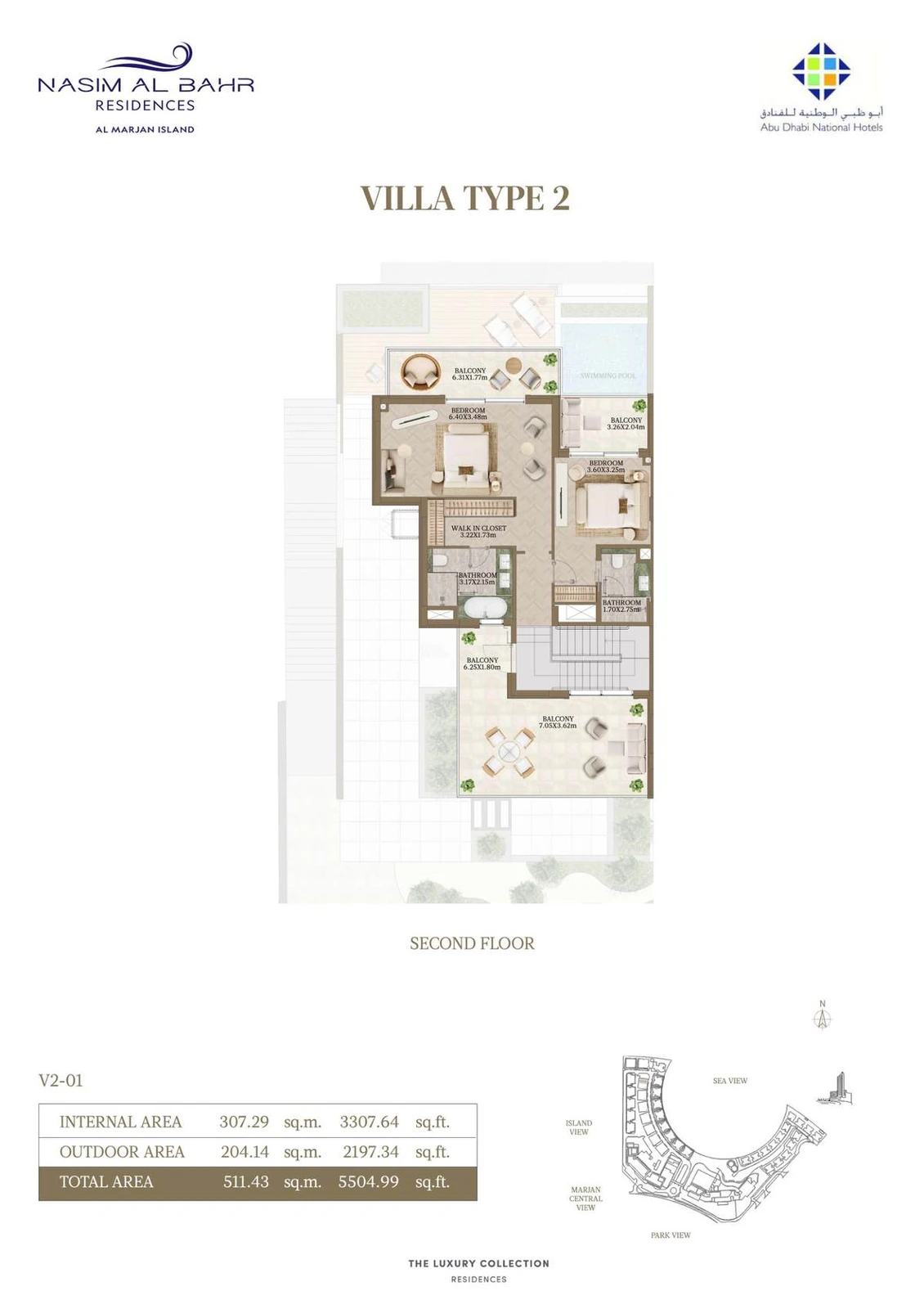 Nasim Al Bahr Residences 2-bedroom Type 2 villa floor plan, Second Floor, 5,504.99 sq ft.