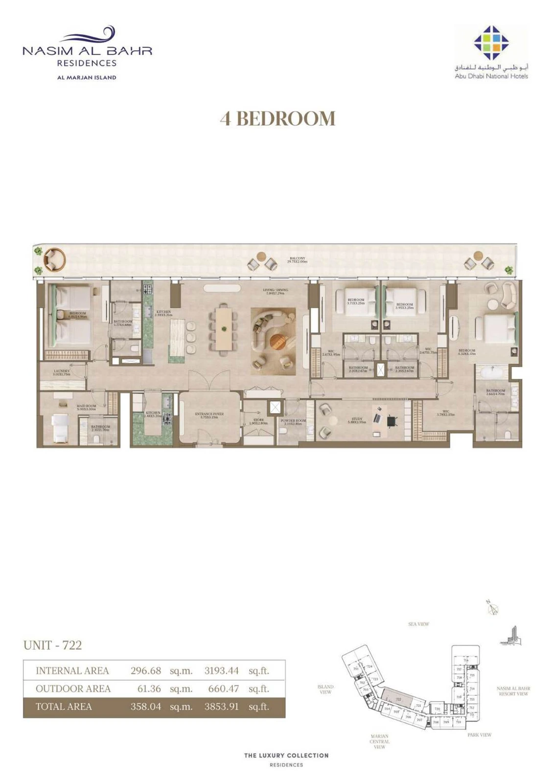 Nasim Al Bahr Residences 4-bedroom Representative Layout apartment floor plan, Typical Layout, 3,853.91 sq ft.