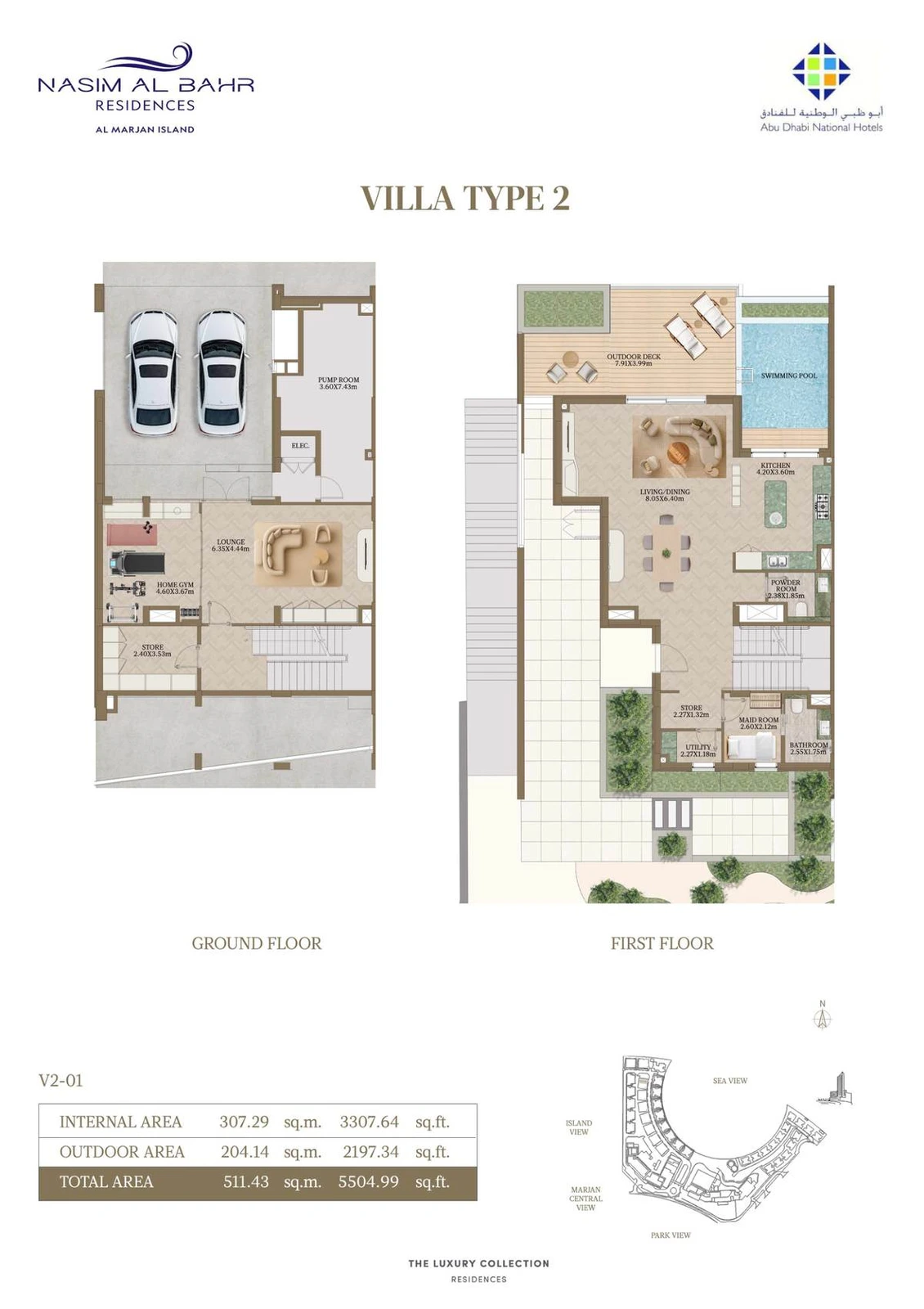 Nasim Al Bahr Residences 2-bedroom Type 2 villa floor plan, Ground and First Floors, 5,504.99 sq ft.