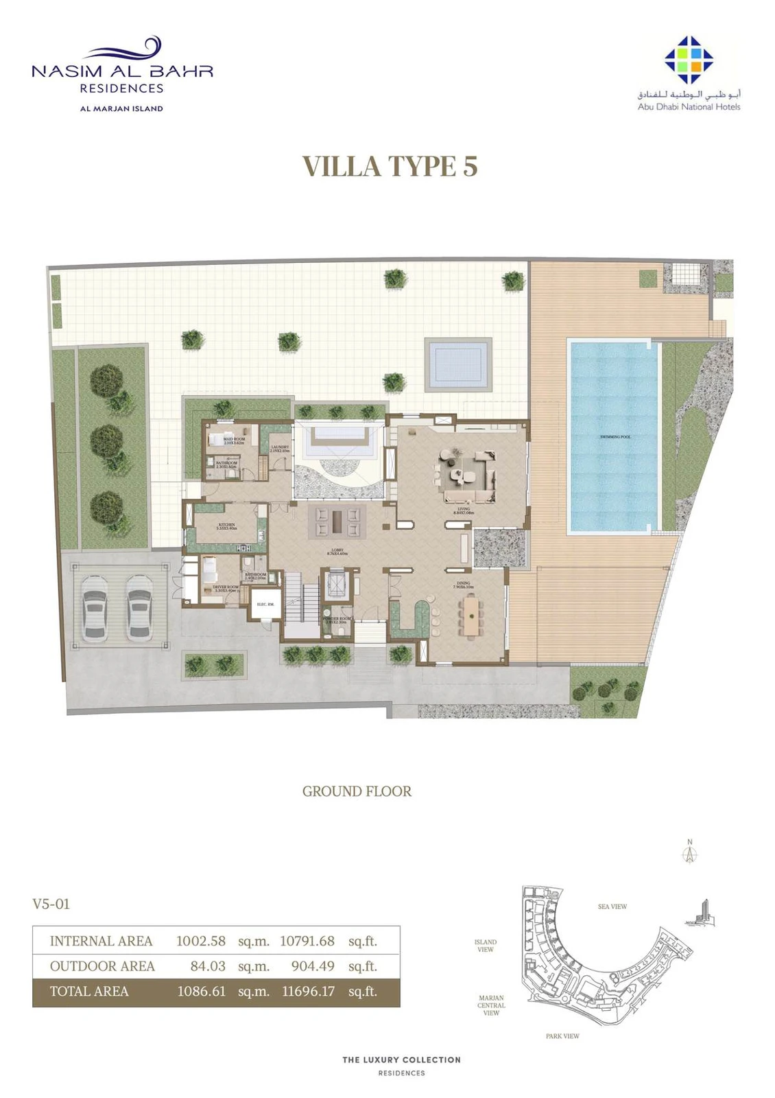 Nasim Al Bahr Residences 3-bedroom Type 5 Presidential villa floor plan, Ground Floor, 11,696.17 sq ft.