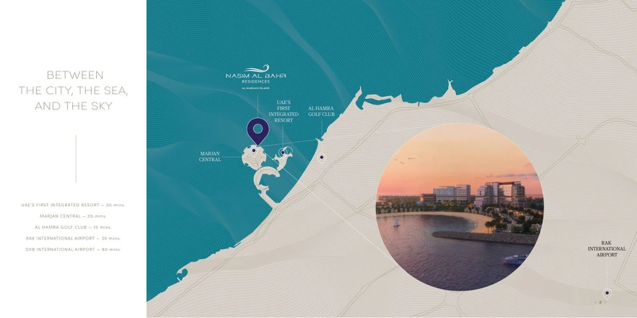 Al Marjan Island location map for Nasim Al Bahr Residences showing the project marker and drive times to nearby destinations.
