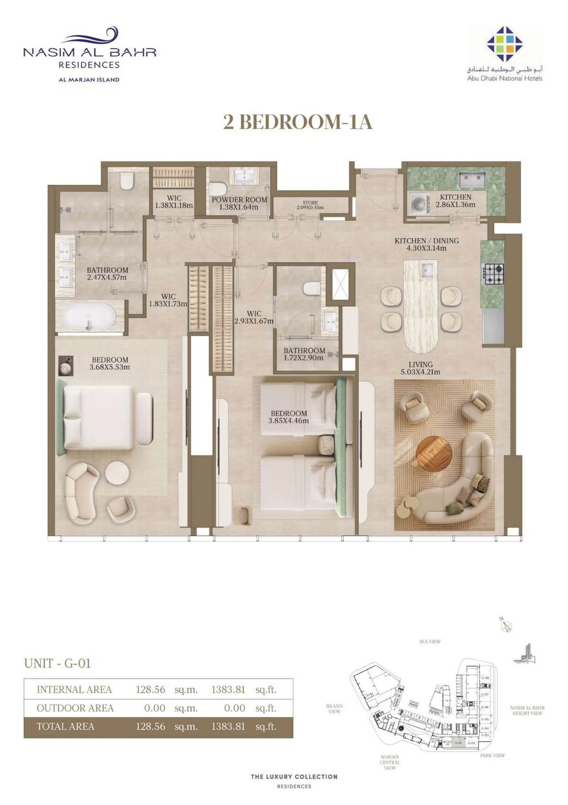Nasim Al Bahr Residences 2-bedroom Representative Layout apartment floor plan, Typical Layout, 1,383.81 sq ft.