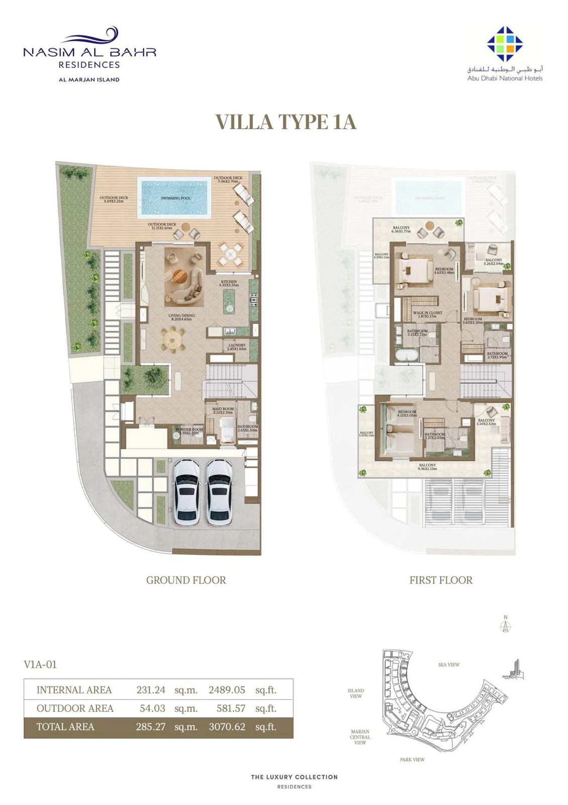 Nasim Al Bahr Residences 3-bedroom Type 1A villa floor plan, Ground and First Floors, 3,070.62 sq ft.