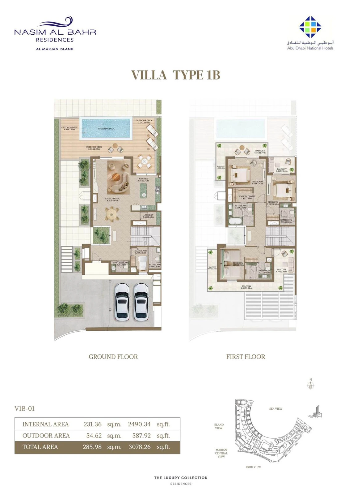 Nasim Al Bahr Residences 3-bedroom Type 1B villa floor plan, Ground and First Floors, 3,078.26 sq ft.