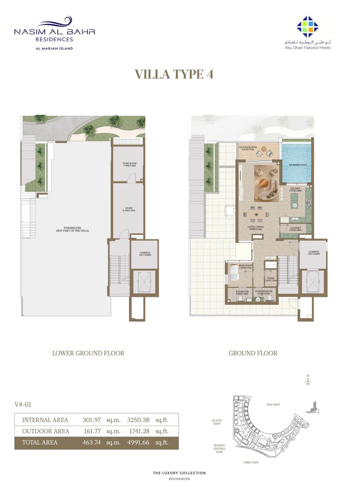 Nasim Al Bahr Residences 3-bedroom Type 4 villa floor plan, Lower Ground and Ground Floors, 4,991.66 sq ft.