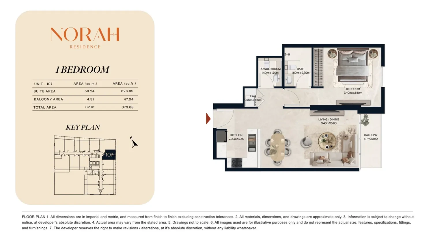 Norah Residence standard 1-bedroom apartment floor plan for Unit 107, 673.68 sq ft