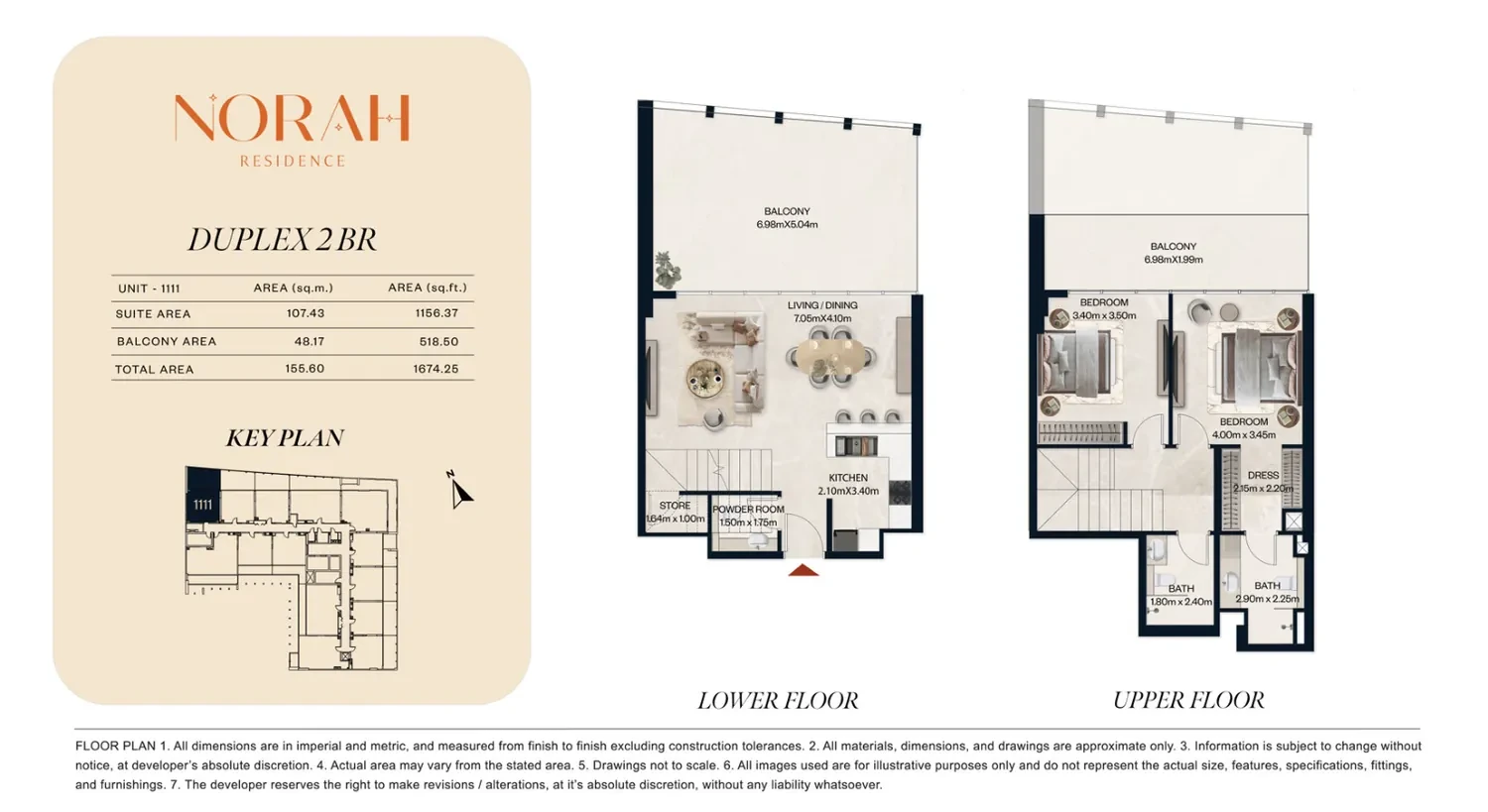 Norah Residence standard 2-bedroom duplex floor plan for Unit 1111, 1,674.25 sq ft