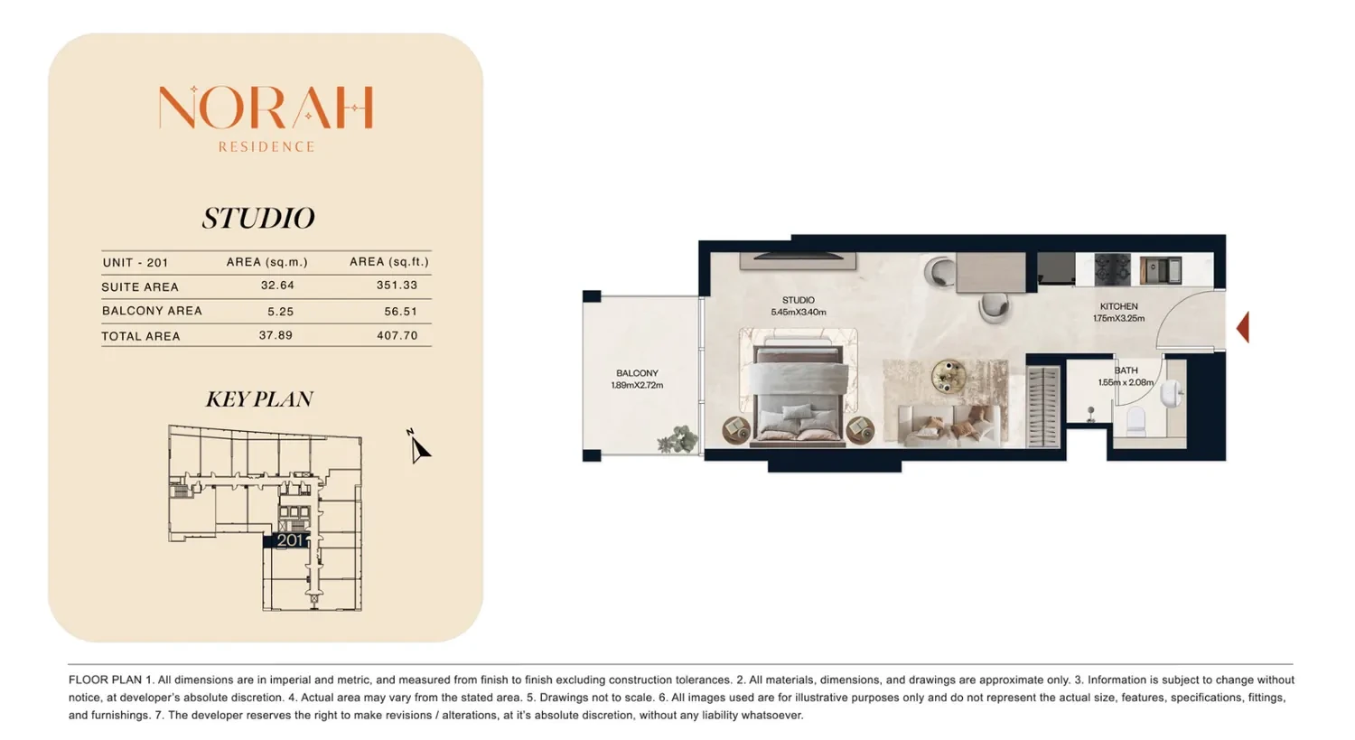 Norah Residence standard studio apartment floor plan for Unit 201, 407.70 sq ft