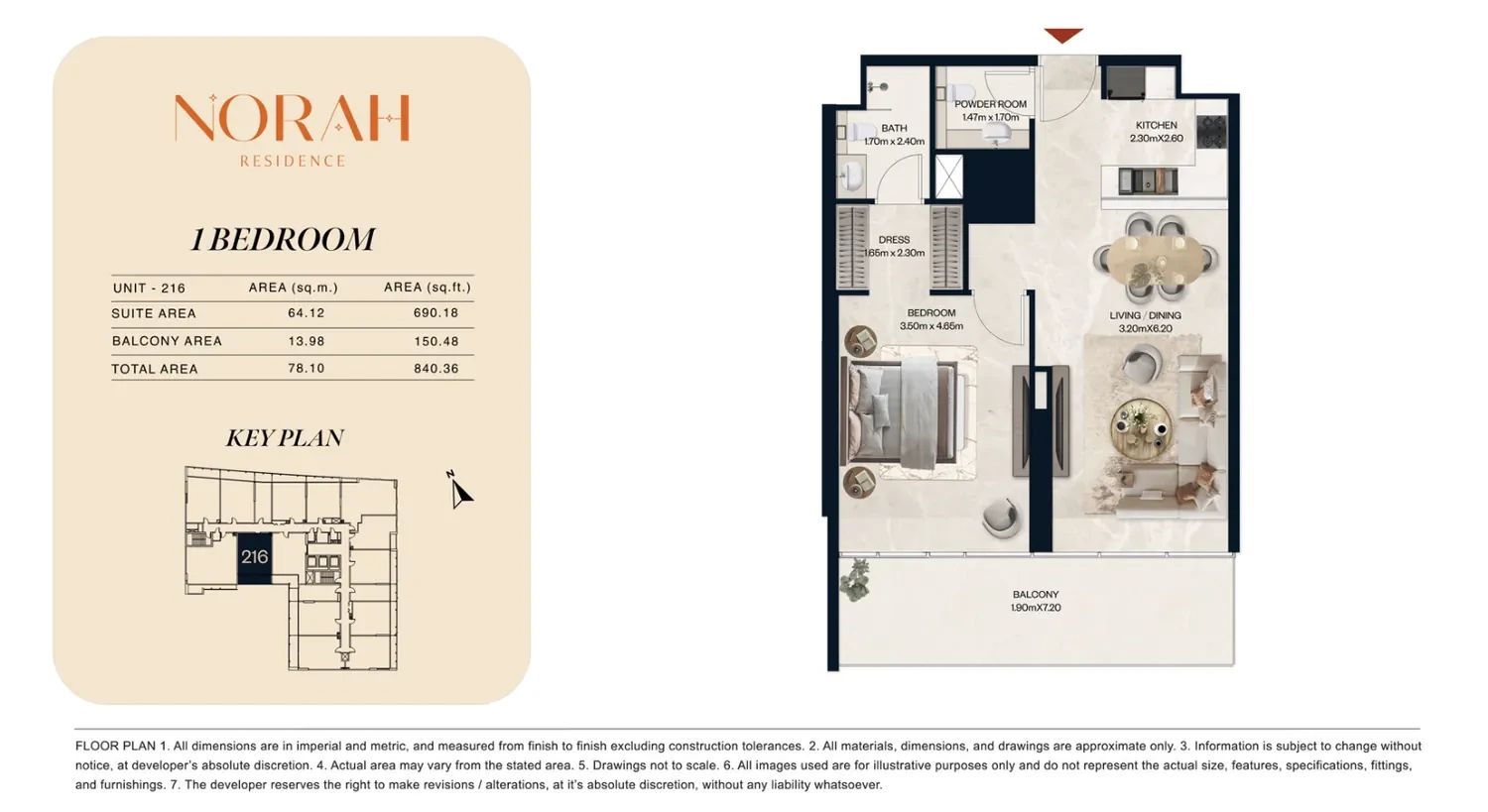 Norah Residence standard 1-bedroom apartment floor plan for Unit 216, 840.36 sq ft