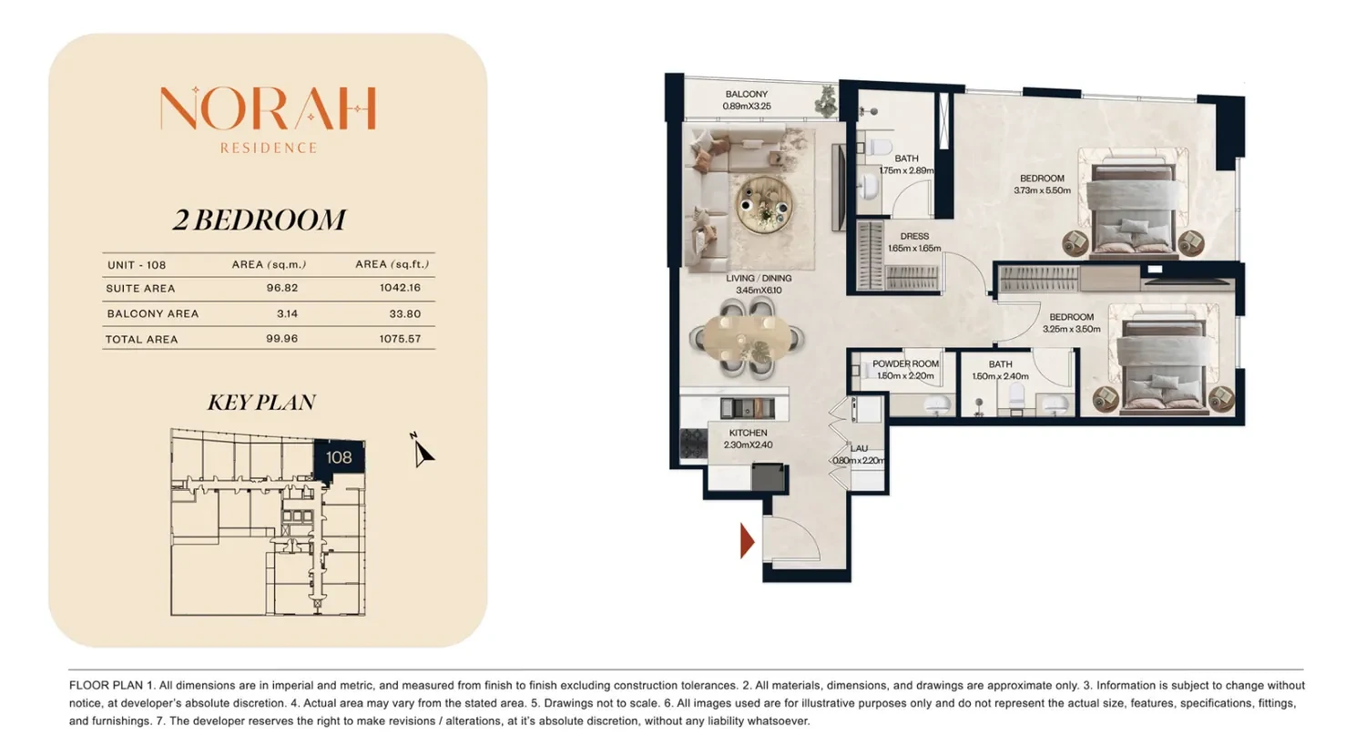 Norah Residence standard 2-bedroom apartment floor plan for Unit 108, 1,075.57 sq ft