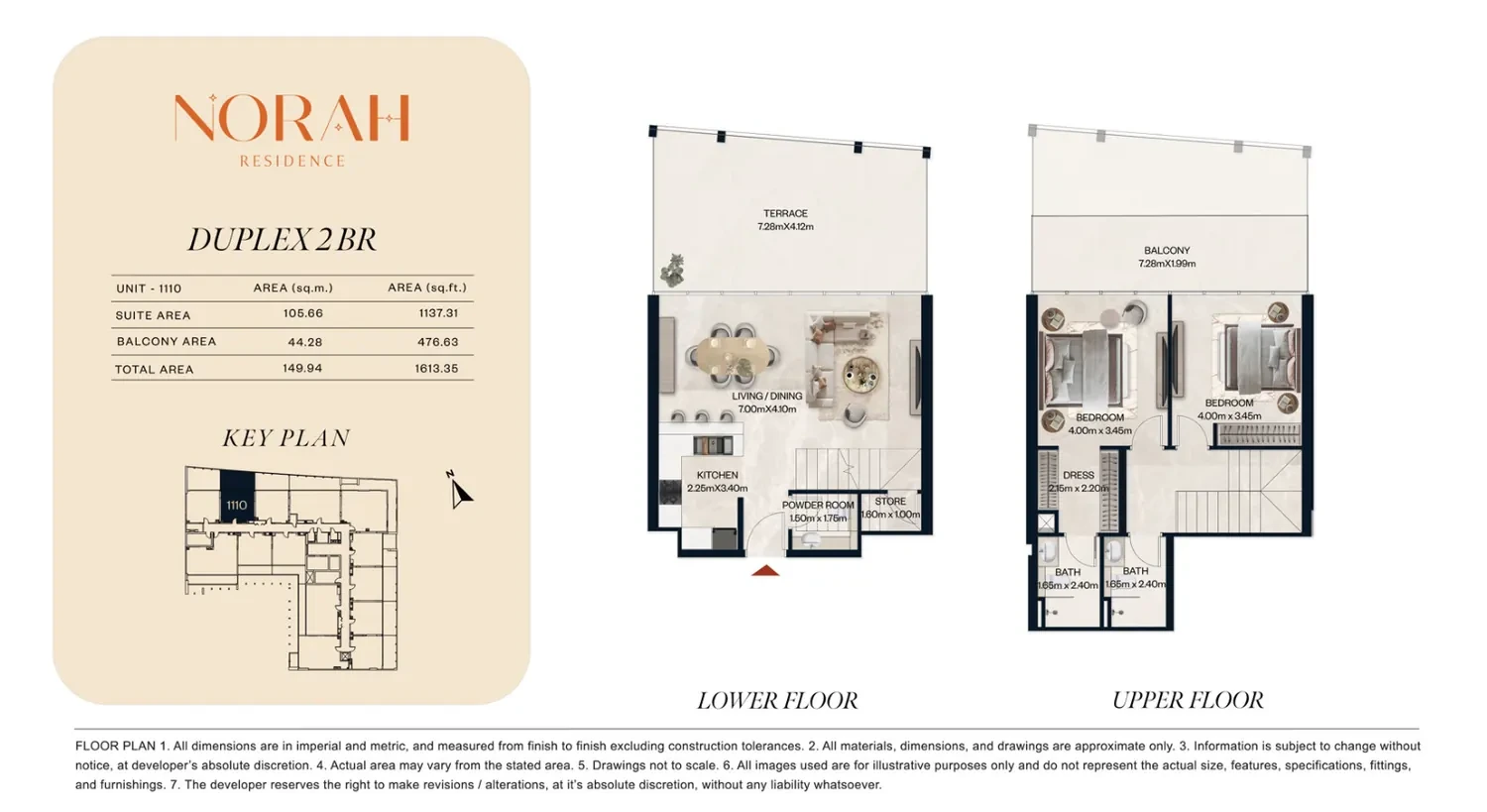 Norah Residence standard 2-bedroom duplex floor plan for Unit 1110, 1,613.95 sq ft