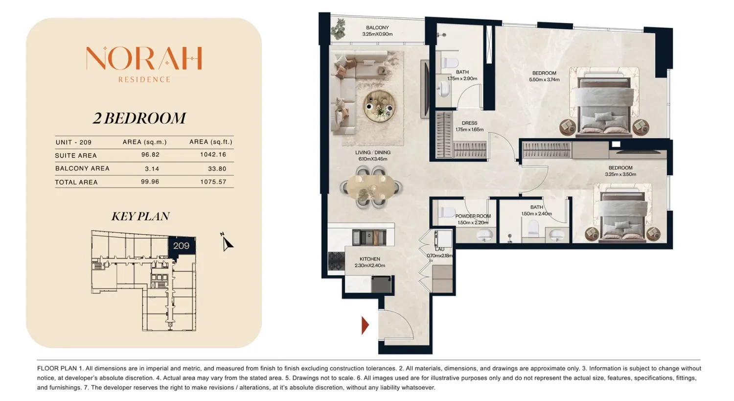 Norah Residence standard 2-bedroom apartment floor plan for Unit 209, 1,075.57 sq ft