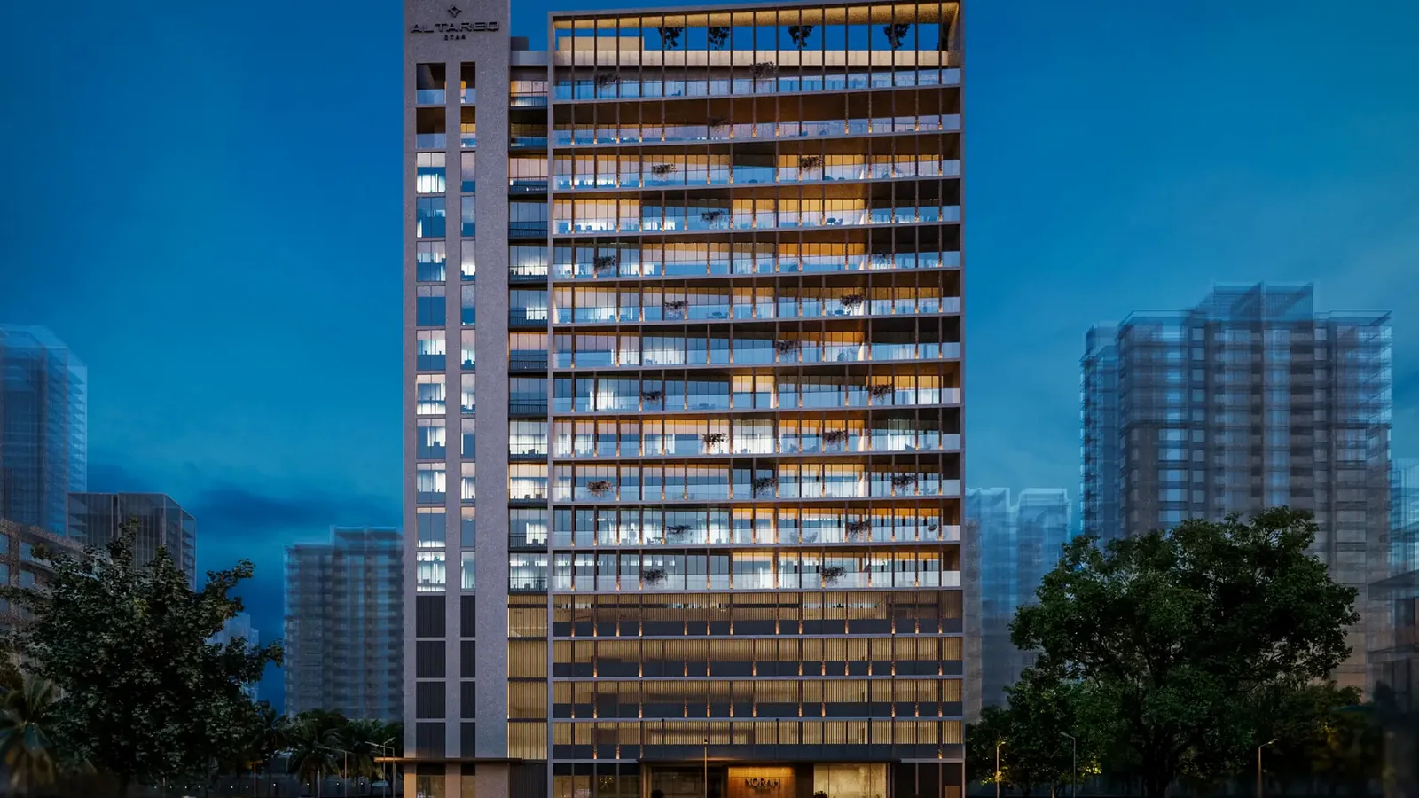 Norah Residence illuminated tower exterior at dusk