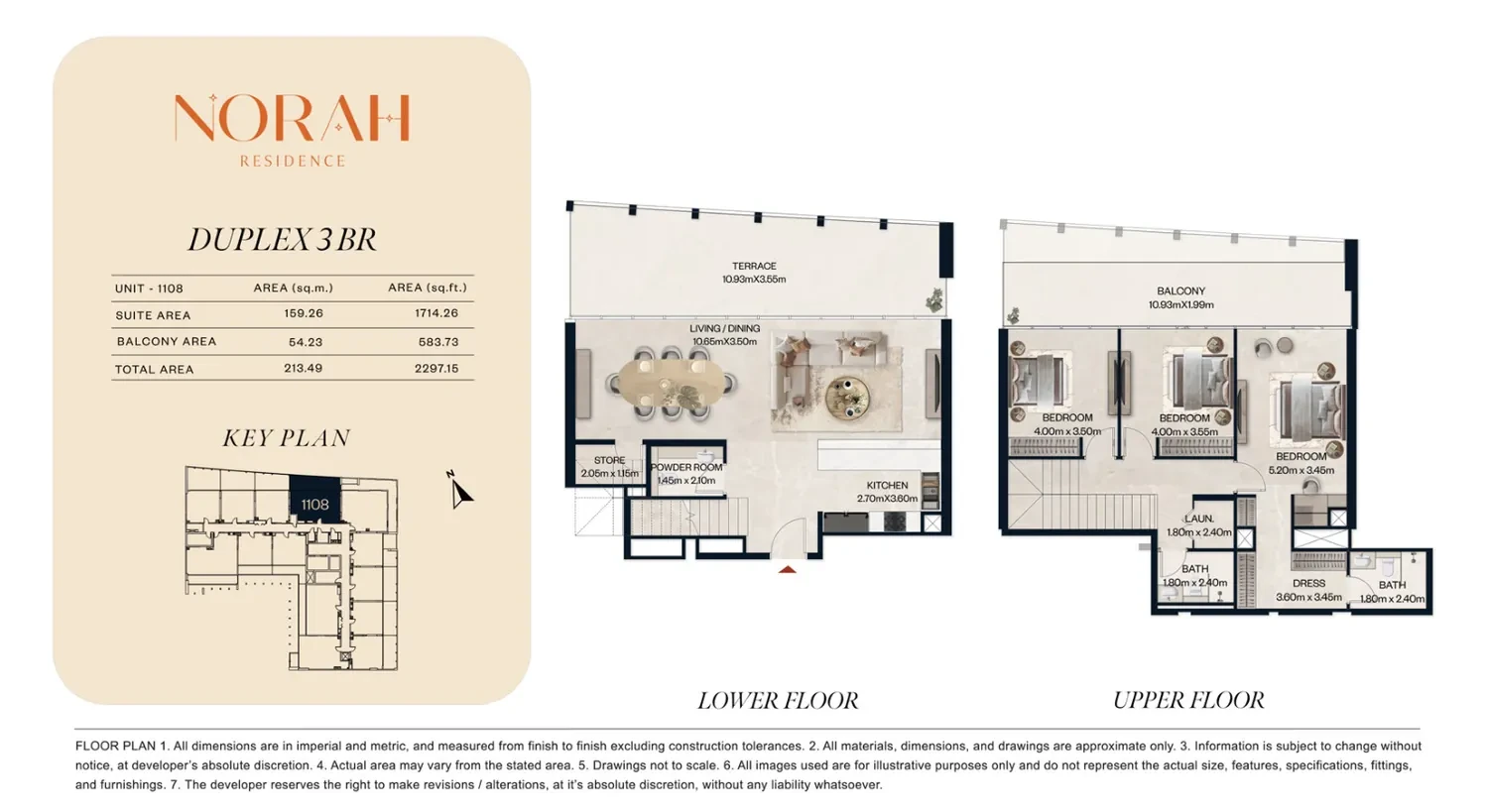 Norah Residence standard 3-bedroom duplex floor plan for Unit 1108, 2,297.15 sq ft