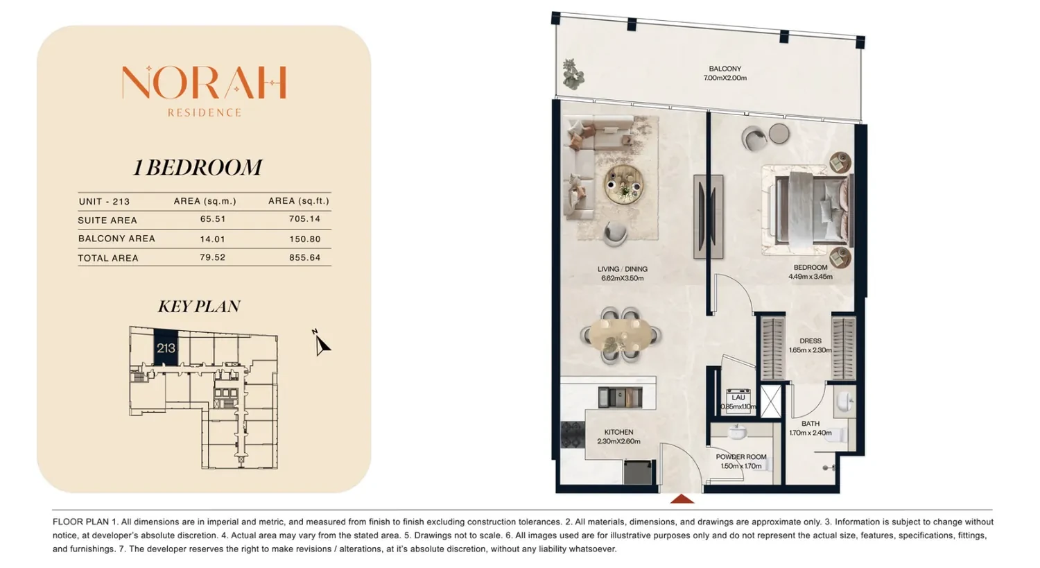 Norah Residence standard 1-bedroom apartment floor plan for Unit 213, 855.64 sq ft