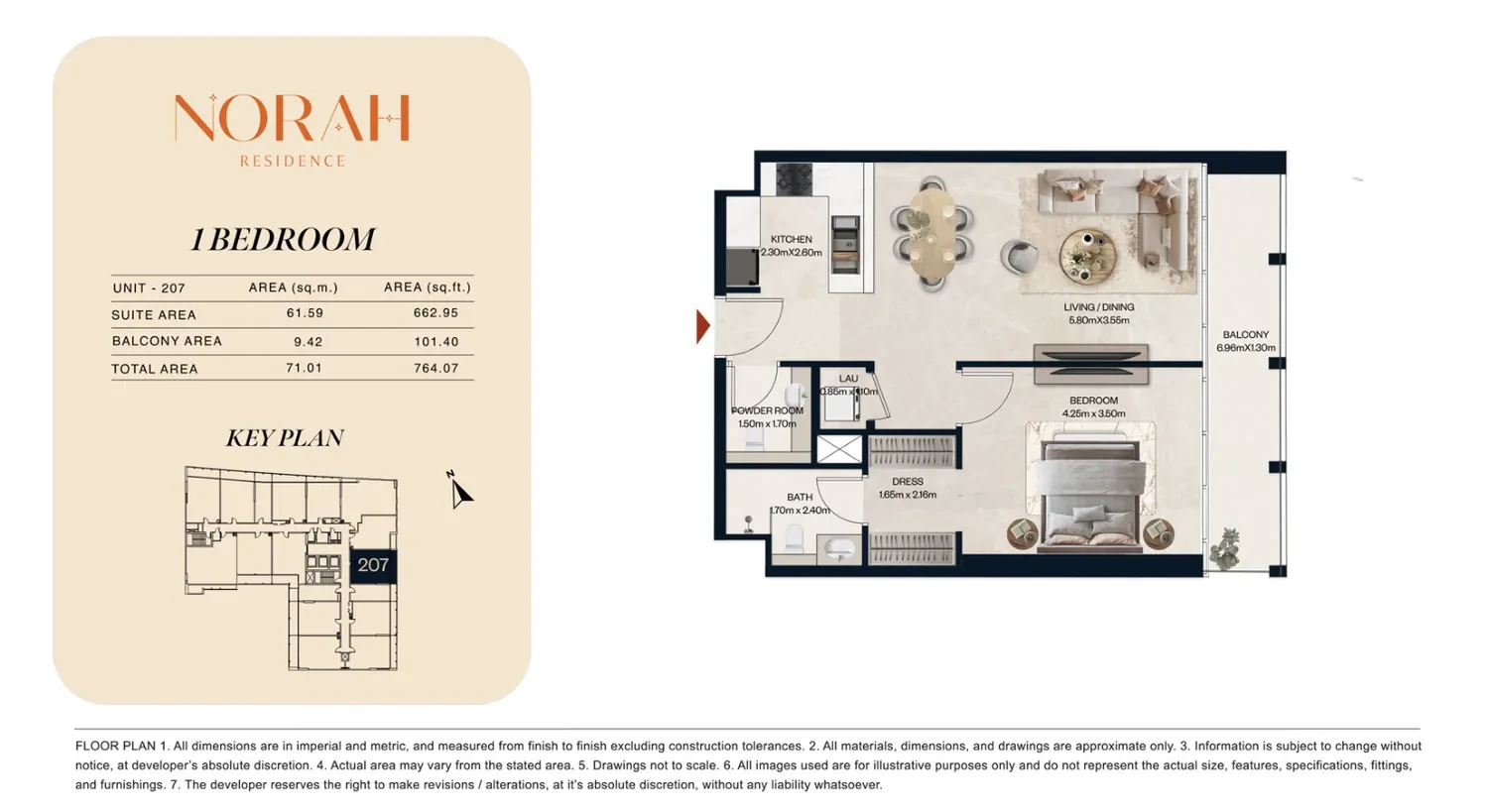 Norah Residence standard 1-bedroom apartment floor plan for Unit 207, 764.07 sq ft