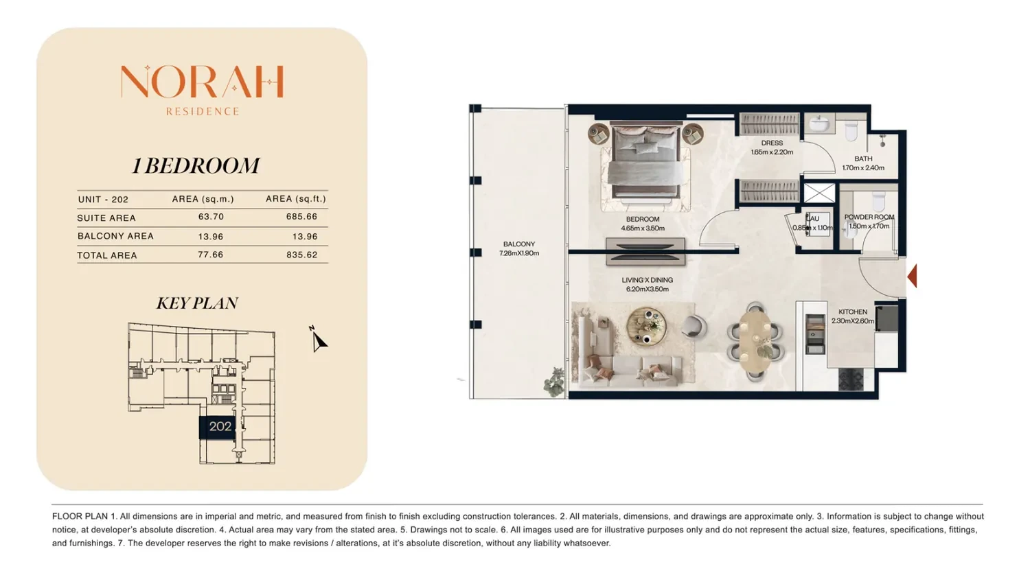 Norah Residence standard 1-bedroom apartment floor plan for Unit 202, 835.62 sq ft