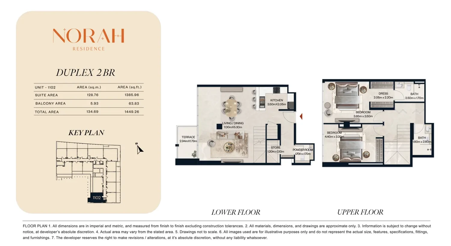 Norah Residence standard 2-bedroom duplex floor plan for Unit 1102, 1,449.26 sq ft