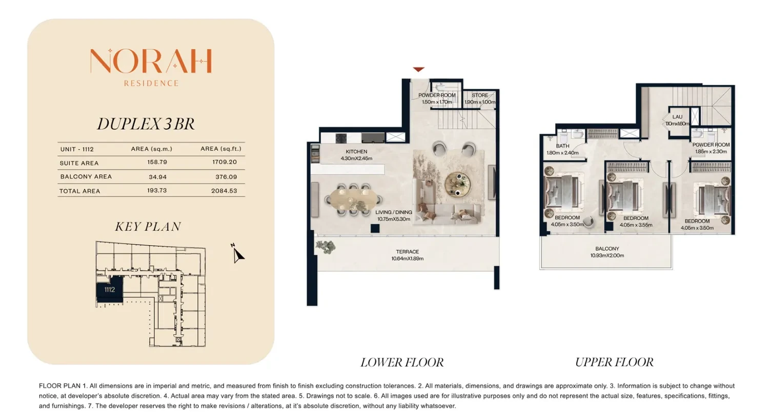 Norah Residence standard 3-bedroom duplex floor plan for Unit 1112, 2,084.53 sq ft