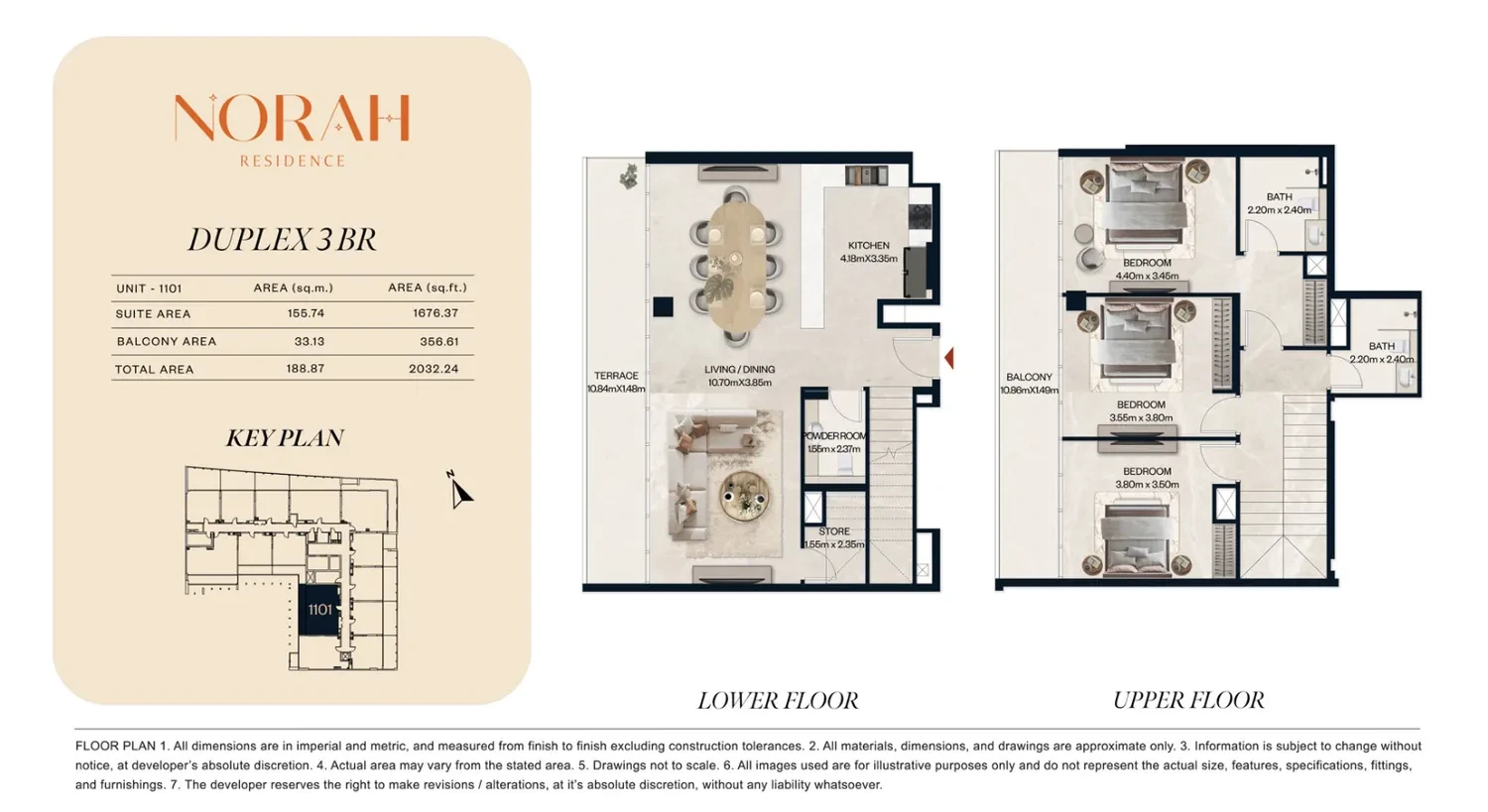 Norah Residence standard 3-bedroom duplex floor plan for Unit 1101, 2,032.24 sq ft