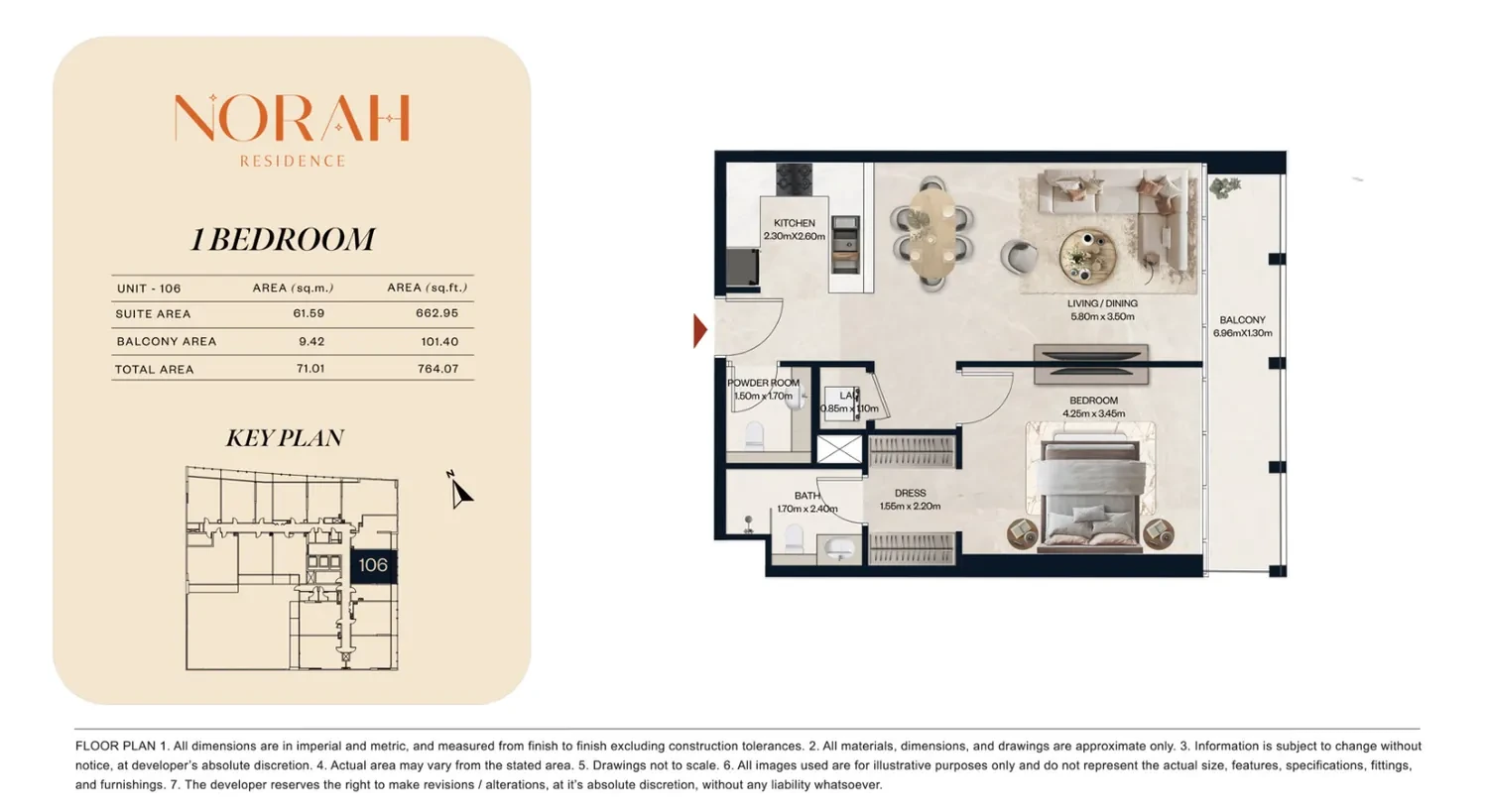 Norah Residence standard 1-bedroom apartment floor plan for Unit 106, 764.07 sq ft