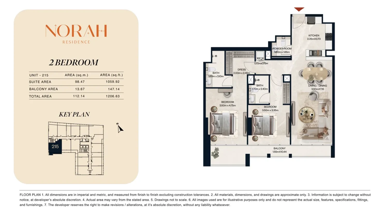 Norah Residence standard 2-bedroom apartment floor plan for Unit 215, 1,206.63 sq ft