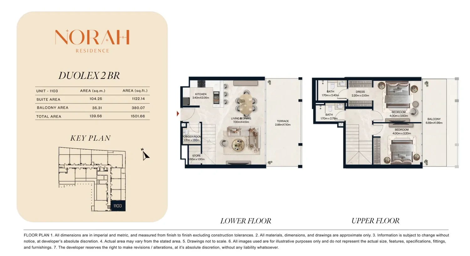 Norah Residence standard 2-bedroom duplex floor plan for Unit 1103, 1,501.66 sq ft