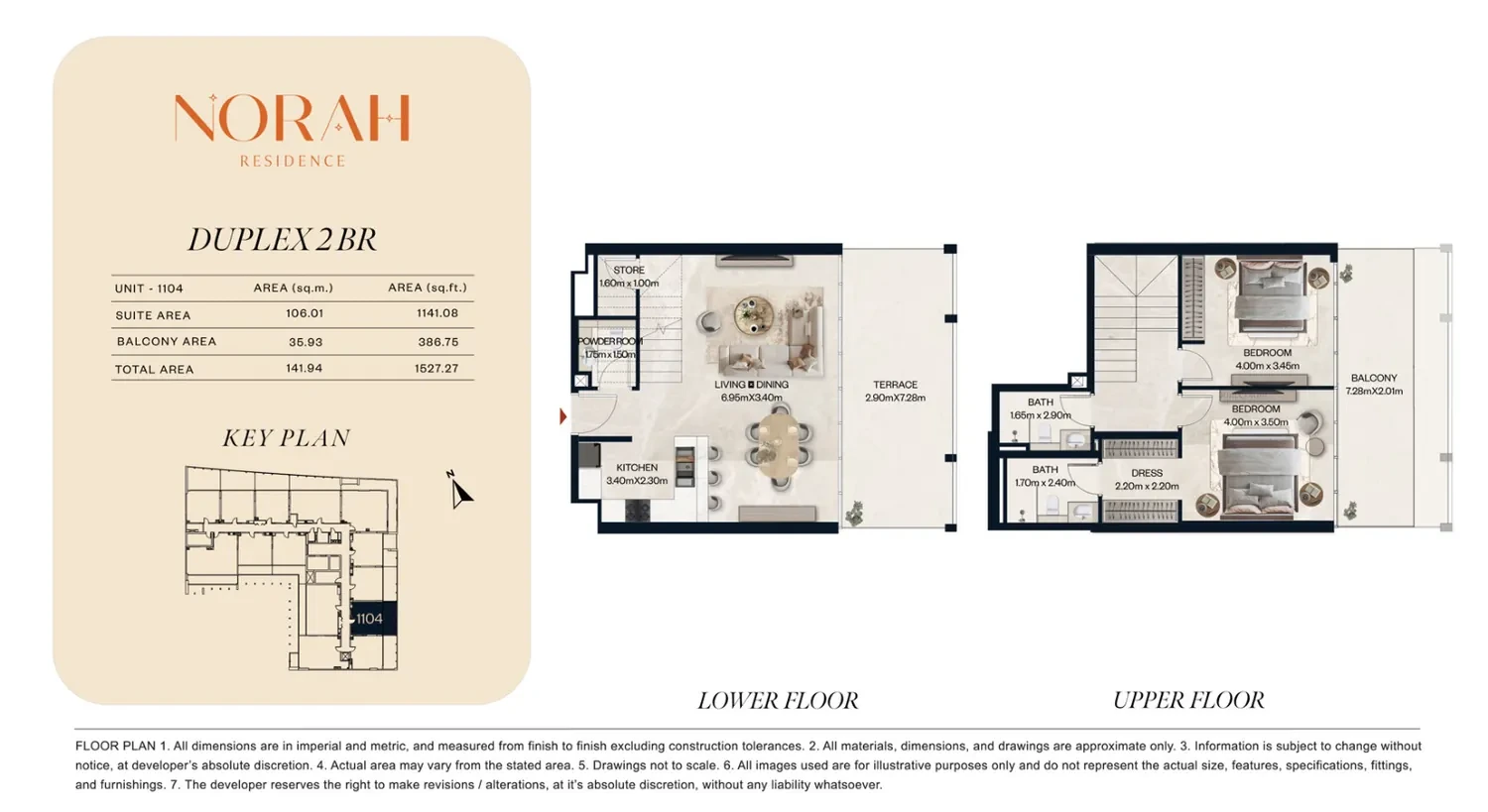 Norah Residence standard 2-bedroom duplex floor plan for Unit 1104, 1,527.27 sq ft